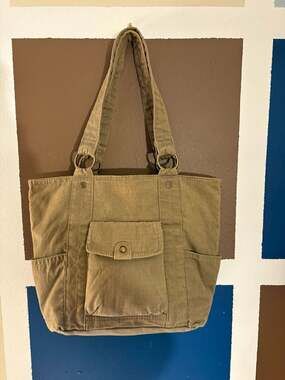 Vintage Khaki Canvas Ripstop Cargo Utility Tote Bag